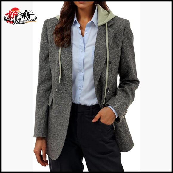 Hooded Blazer Jacket Wool Blend Double-Breasted Oversized Casual Work Office
